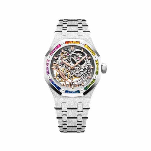 Audemars Piguet Royal Oak Double Balance Wheel Openworked Frosted White Gold Rainbow Bezel Watch