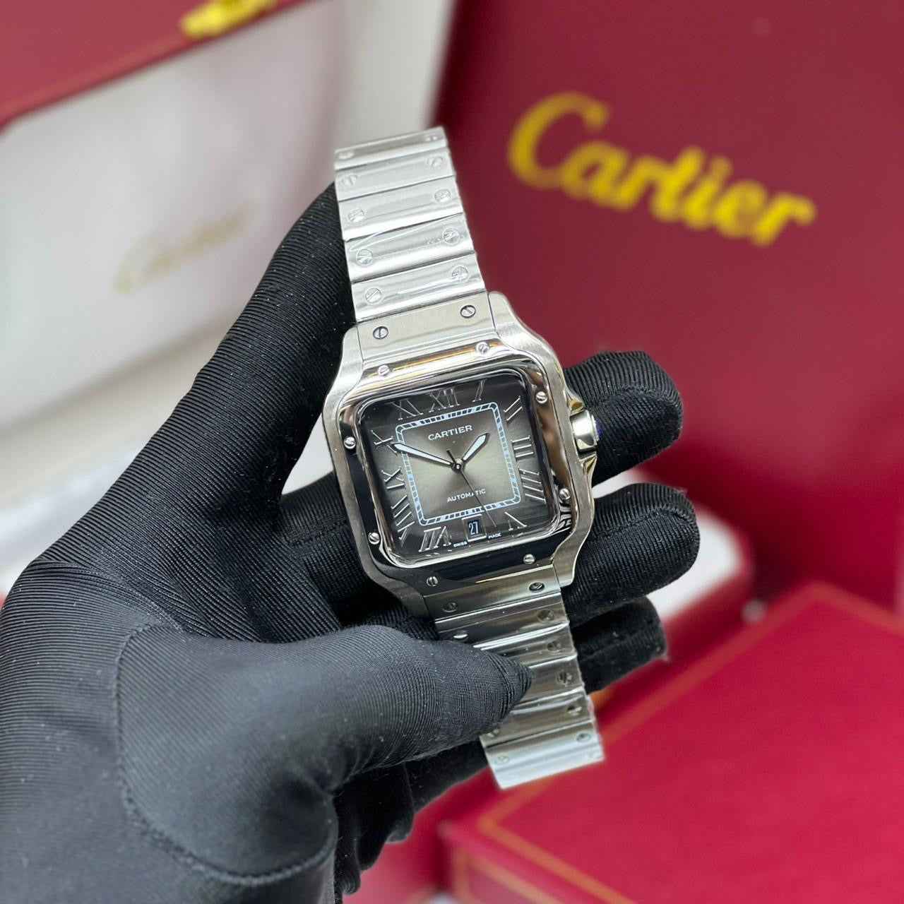 Cartier Santos de silver & Graduated Green Dial Watch