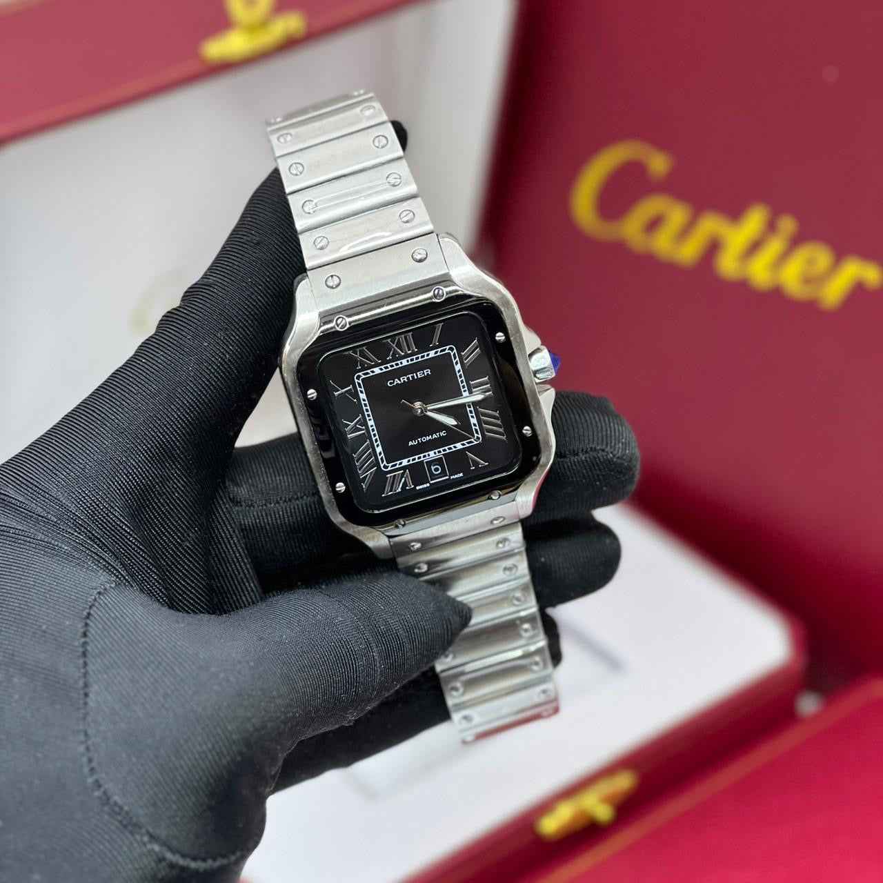 Cartier Santos de Silver&Black Sunburst Dial Watch – Black & Silver & Dial