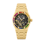 Audemars Piguet Rainbow Bezel Frosted Gold Skeleton Dial Gold Watch