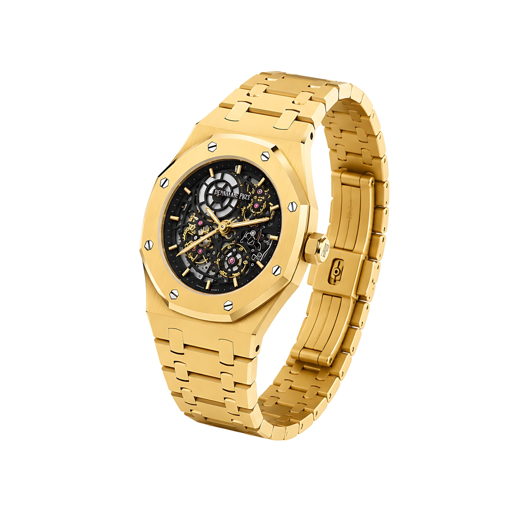 Audemars Piguet Royal Oak Double Balance Black Dial Wheel Skeleton Gold Watch